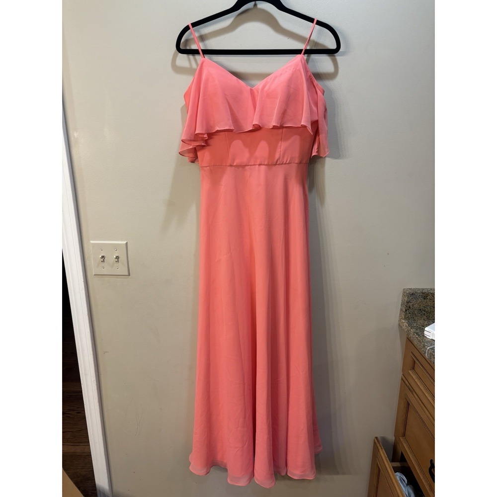 Mori Lee Madeline‎ Gardner Coral Chiffon Ruffle Bridesmaid Dress Gown Size 6